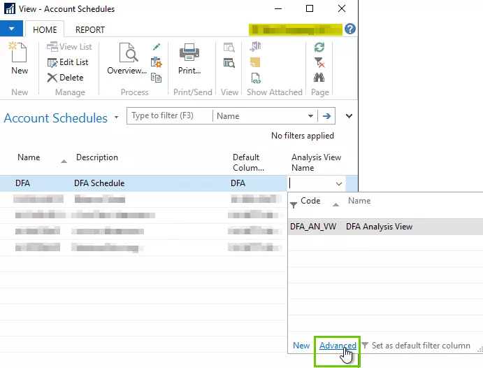 DFA 'Account Schedule Names' page
